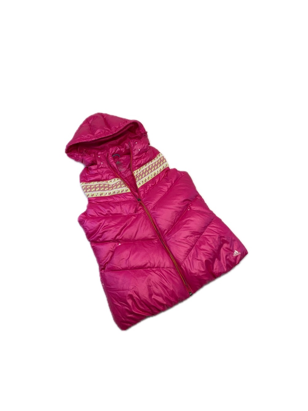 Adidas Pink Hooded Puffer Vest Geometric Fair Isle Print Trim Womens Size Small